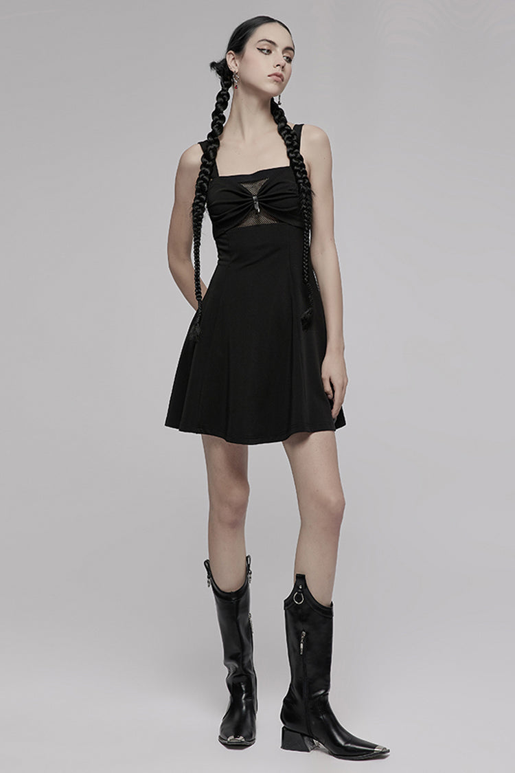 Punk Sleeveless Dress with Mesh and Buckle Details
