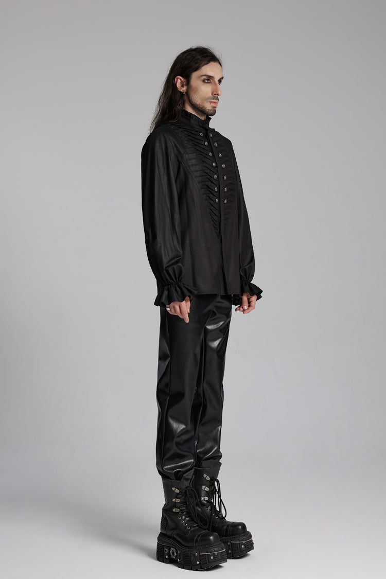 Men's Punk Ruffle Blouse with Beast Buckle Detail, Long Sleeve