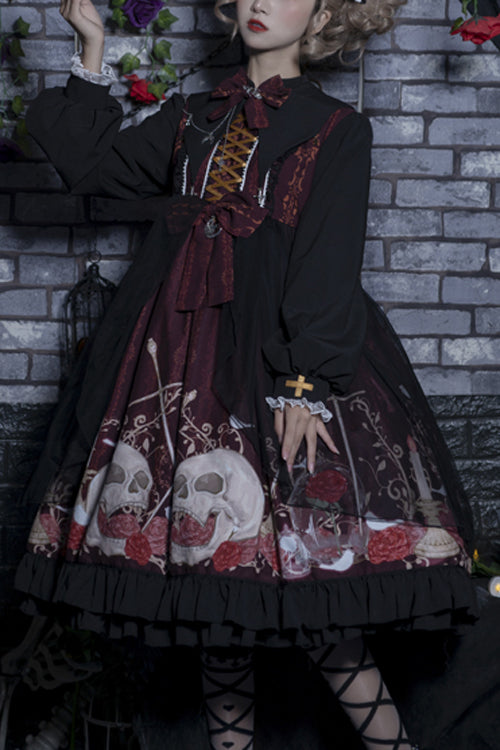 Crimson Noir High-Waist Printed Lolita OP Dress with Lapel Collar