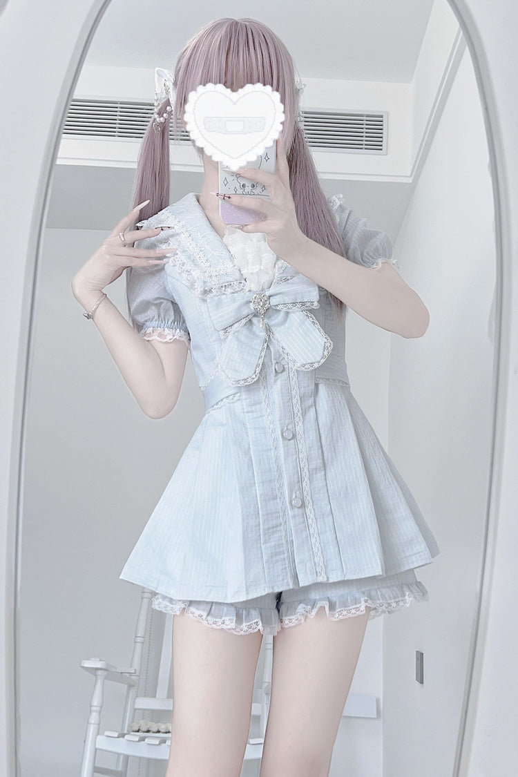 Sweet Jirai Kei Dress Set with Aqua Short Sleeves, Ruffle Bowknot, Lace