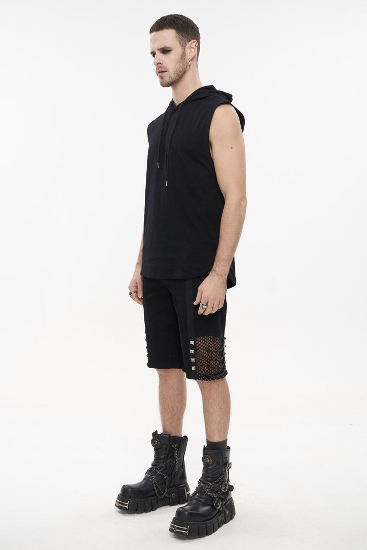 Men's Punk Sleeveless Hooded Tank Top in Irregular Black Knit Design