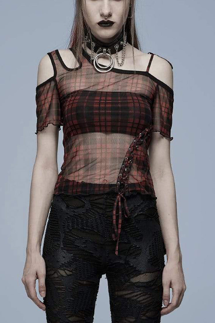 Women's Punk T-Shirt with Asymmetrical Cutout Neckline, Strap Design, Plaid Mesh