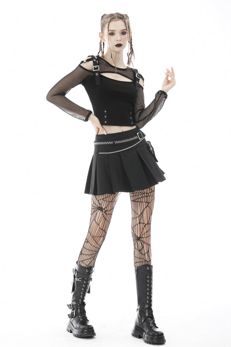 Jet-Black Chain-Trimmed Pleated Mini Skirt with Waistbelt