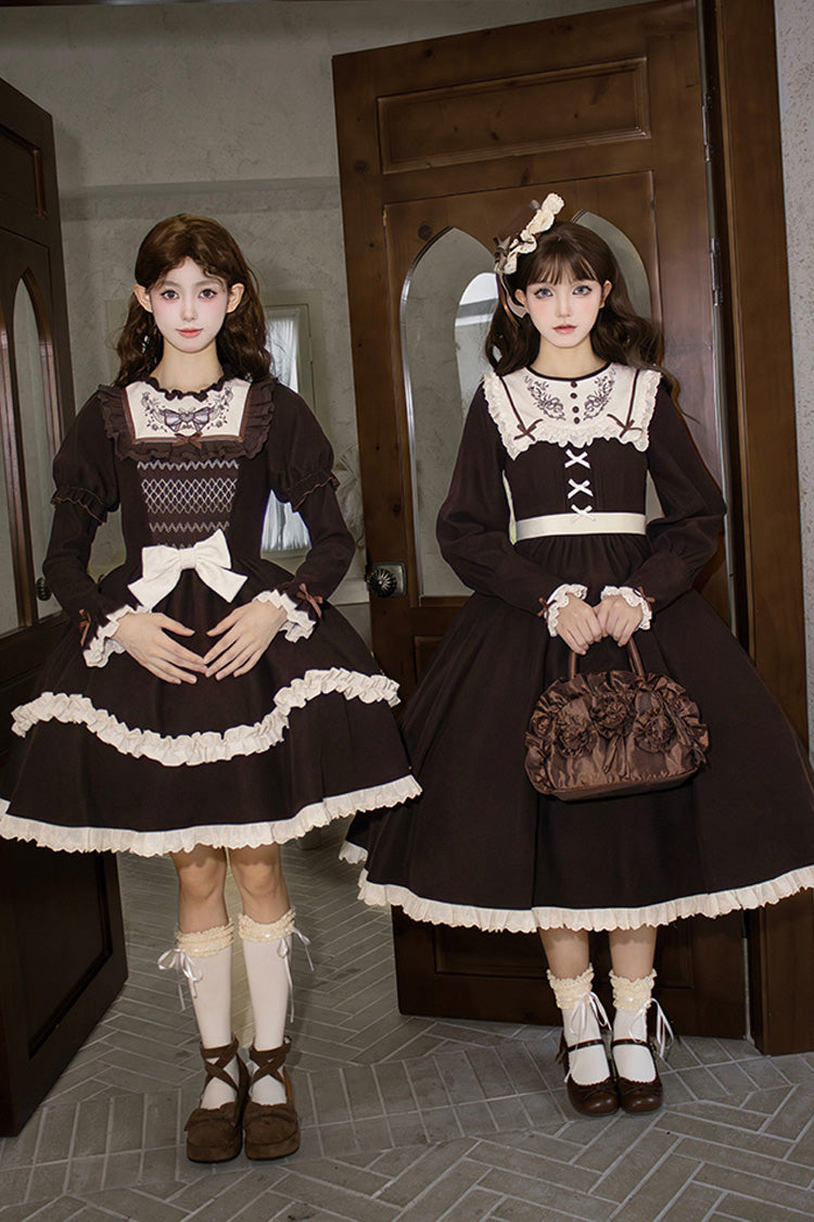 Chocolate Double Layer Ruffle Bow Embroidered Short Lolita Dress - Miss Brown