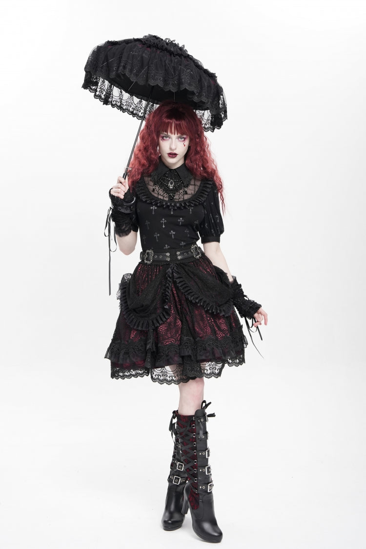 Crimson & Noir Multi-Layer Ruffled Buckle Strap Gothic Skirt