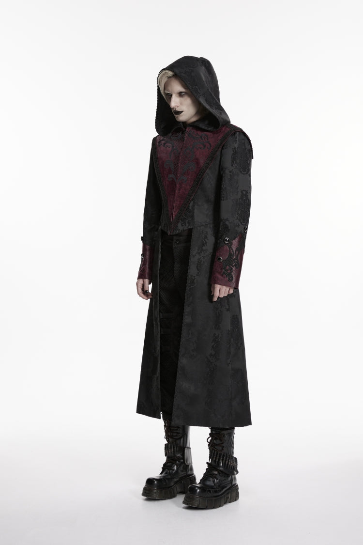 Crimson Noir Jacquard Hooded Embroidered Spliced Long-Sleeve Men's Punk Jacket