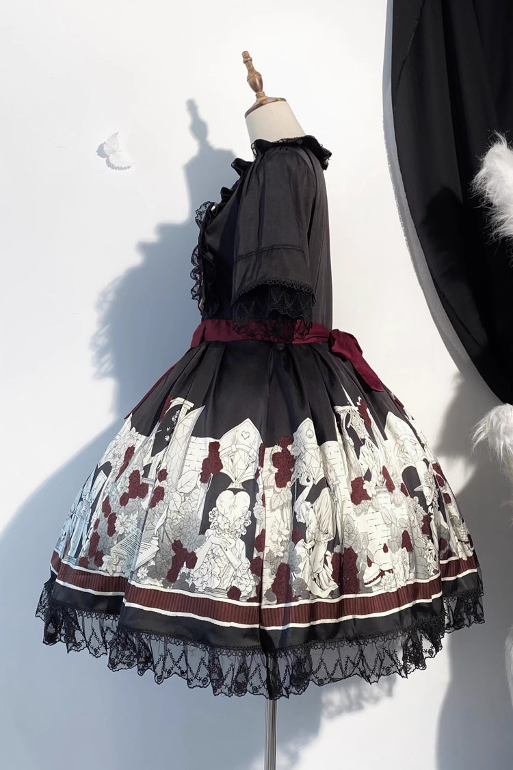 Print Bow Lace Gothic Dress - Alice of the Asylum