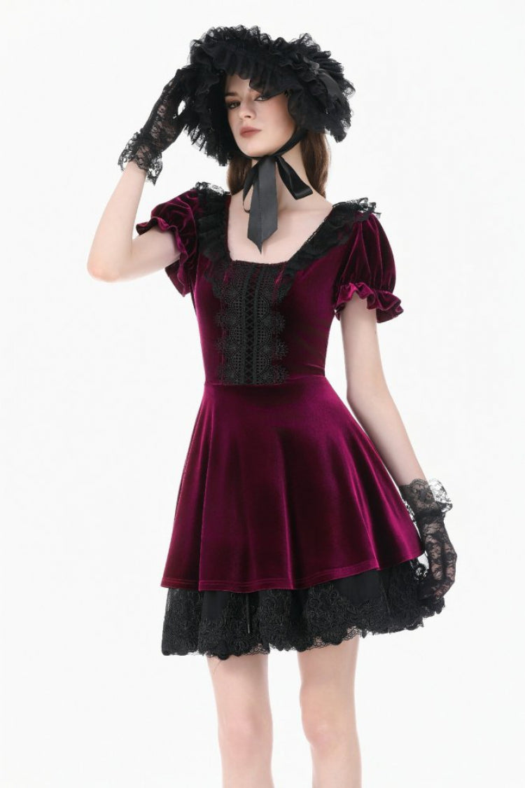 Burgundy Square Collar Short Puff Sleeve Velvet Patchwork Lace Lace-Up Gothic Dress