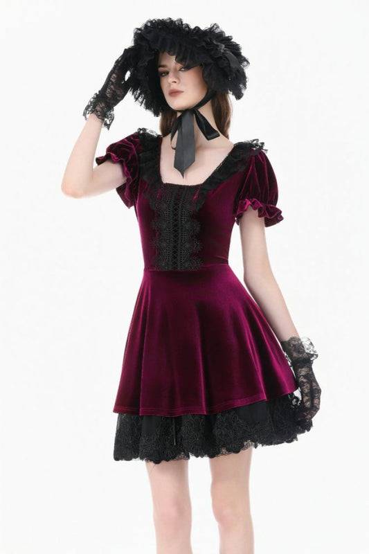 Burgundy Square Collar Short Puff Sleeve Velvet Patchwork Lace Lace-Up Gothic Dress