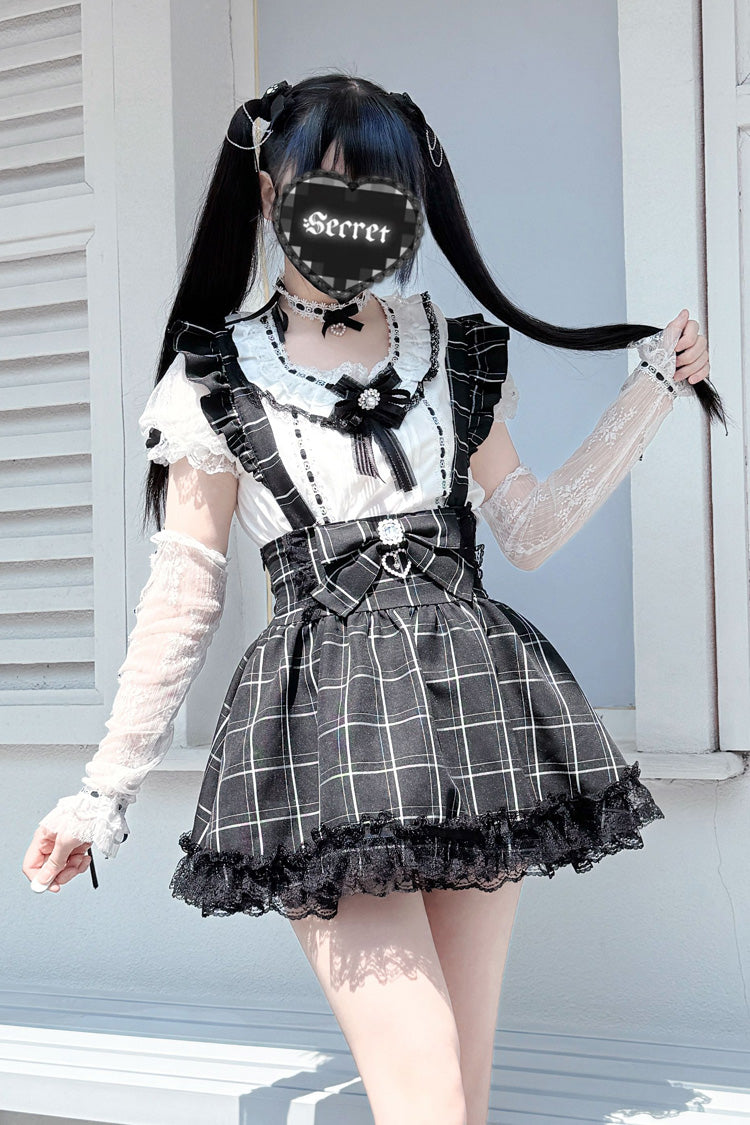 Plaid Ruffle Lace Bow-Trimmed Jirai Kei Skirt
