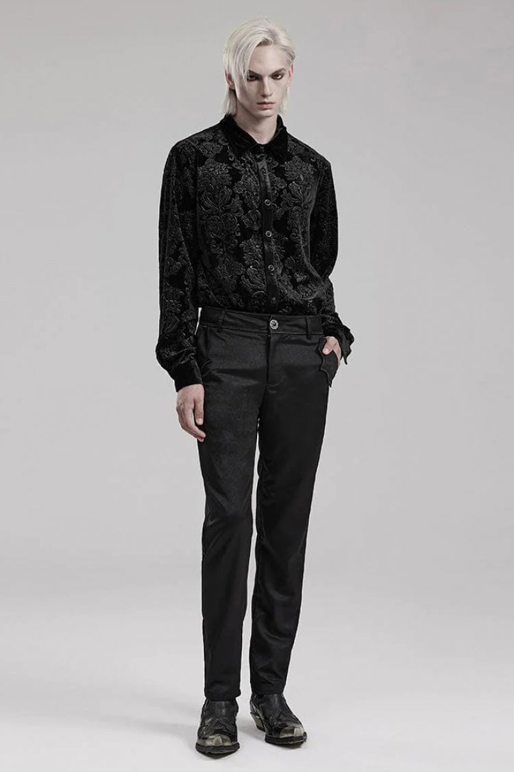 Gothic Men's Velvet Blouse with Embossed Print - Long Sleeve - Dual Colors