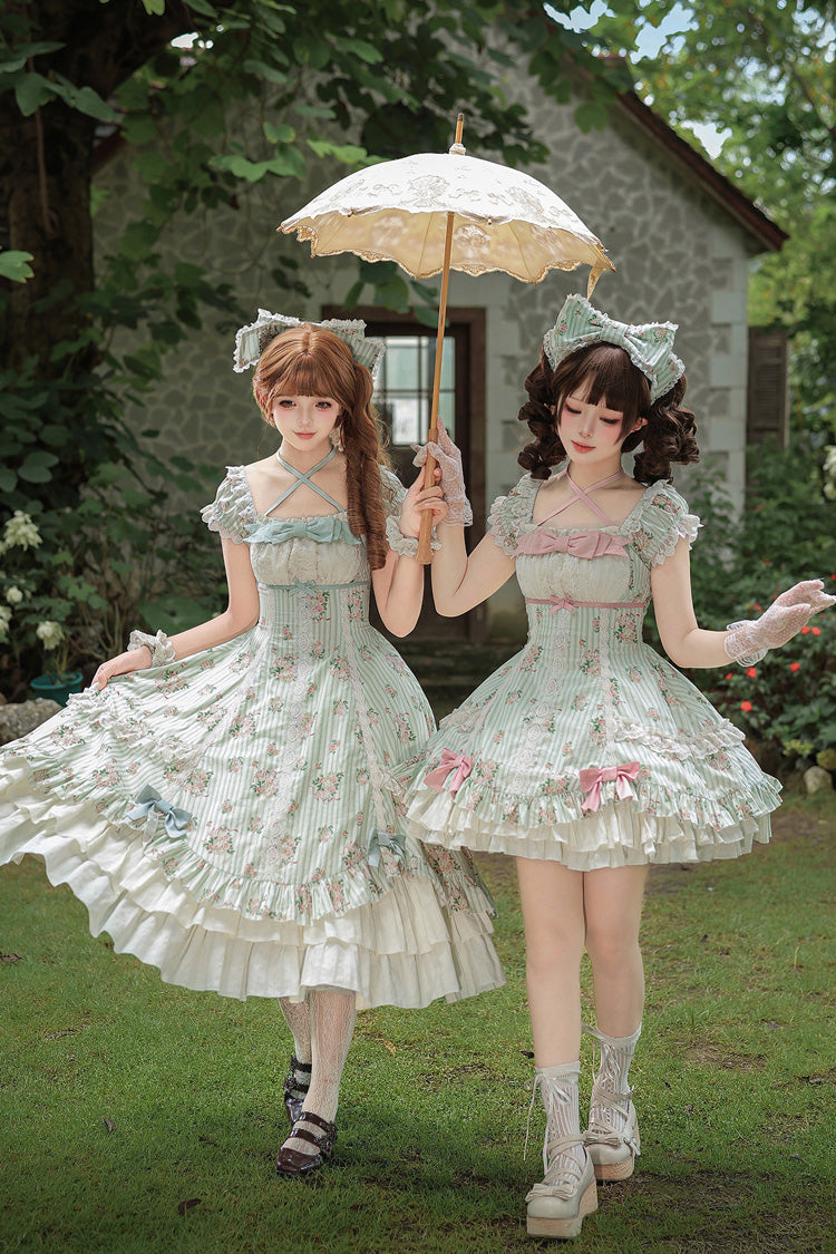 Emerald An Encounter with Austin Square Collar Short Sleeve Multi Rose Printed Ruffled Bow Lace Sweet Lolita Gown