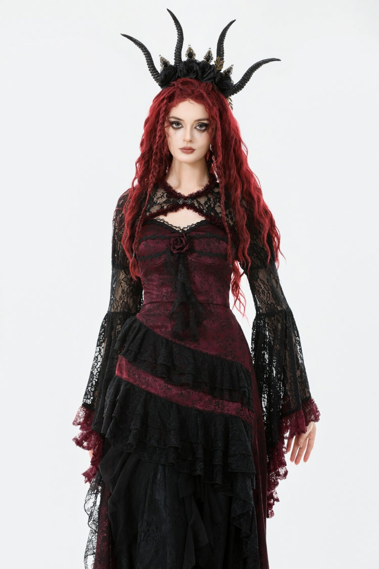 Crimson Noir Flared Lace Puff-Sleeve Women's Gothic Cape