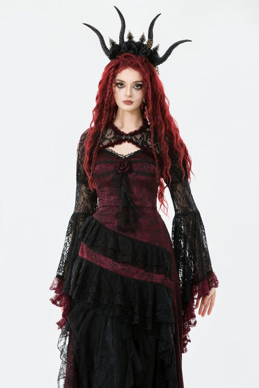 Crimson Noir Flared Lace Puff-Sleeve Women's Gothic Cape