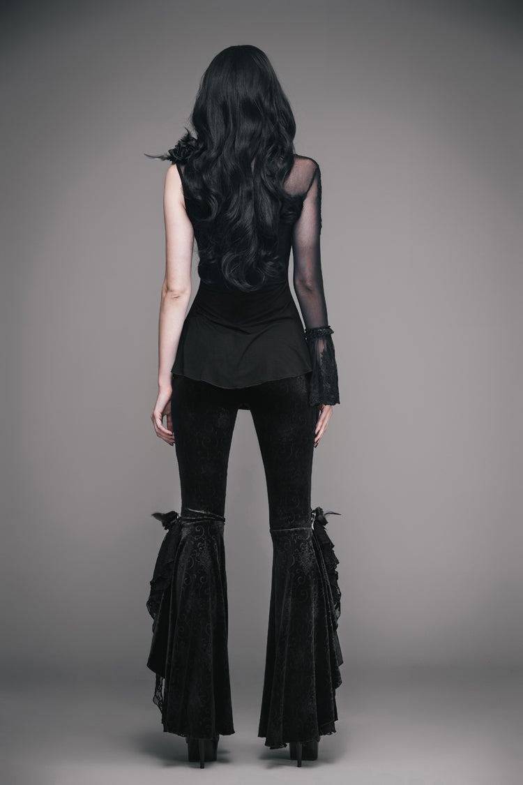 Feather-Trim Single-Sleeve Knit Top with Mesh Accent