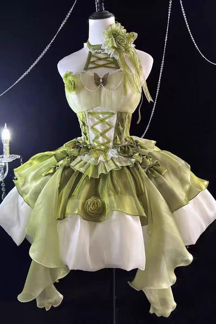 Emerald Camellia Covenant Halterneck Ruffled Bow Lace Lace-Up Sweet Lolita Jumper
