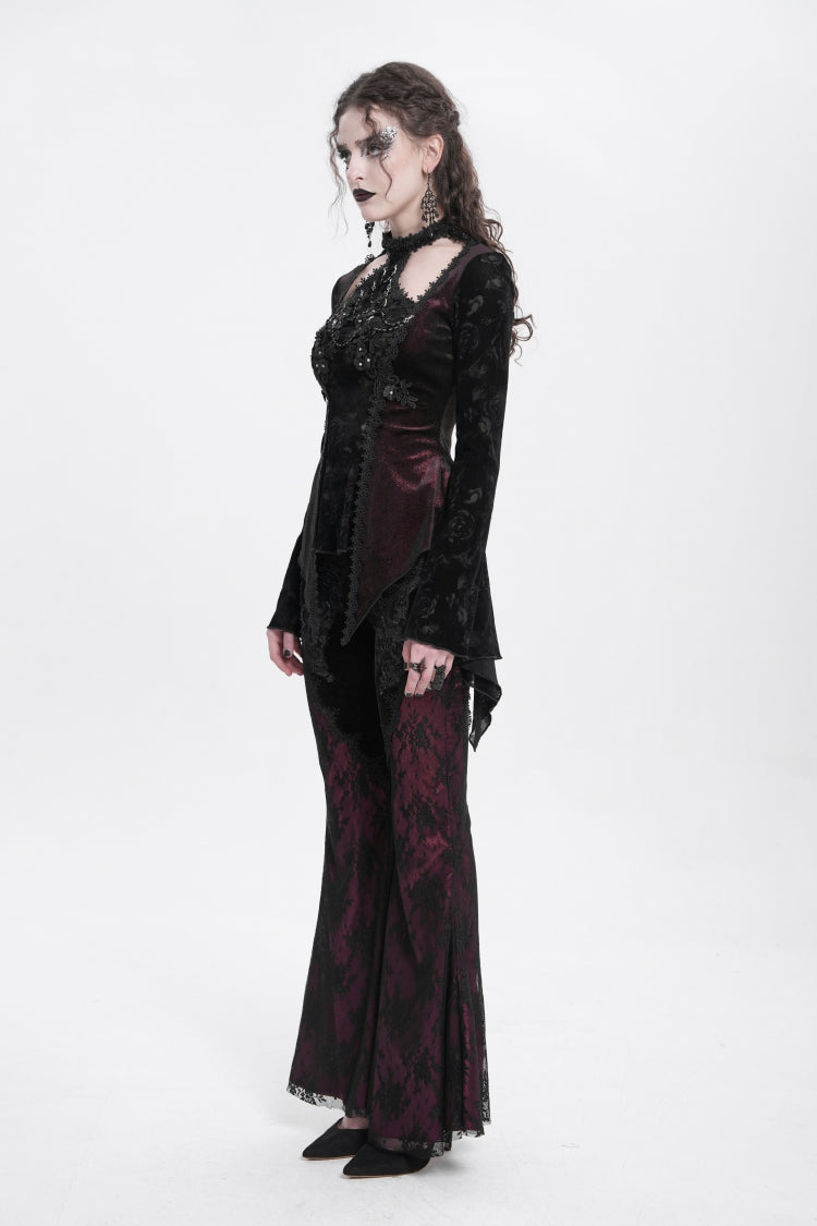 Crimson Gothic Blouse with Jacquard Cutout and Trumpet Sleeves