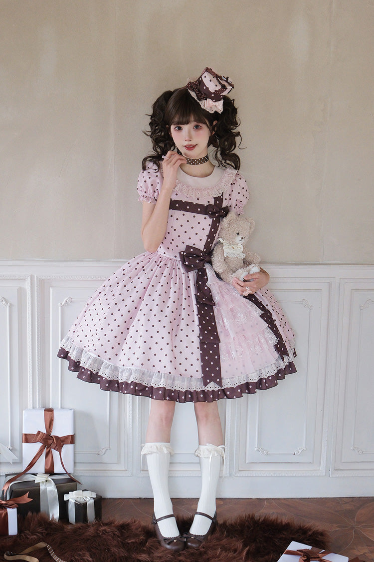 Canelé Gift Box Round Collar Short-Sleeve Polka Dot Ruffle Open Bow Asymmetric Lolita Dress