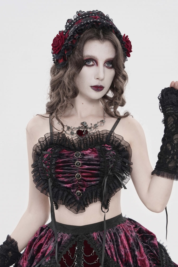 Crimson & Noir Off-Shoulder Bow Lace Color-Block Strappy Pleated Gothic Corset
