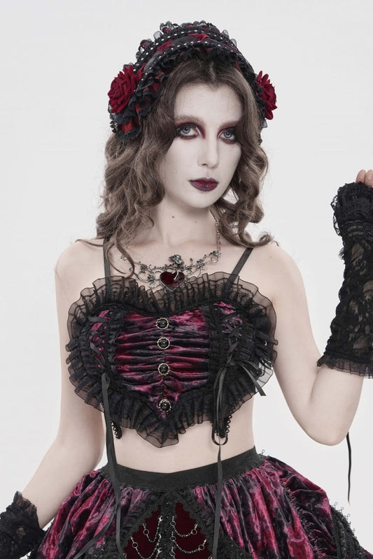 Crimson & Noir Off-Shoulder Bow Lace Color-Block Strappy Pleated Gothic Corset