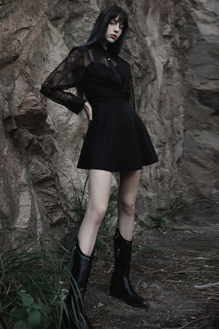 Women's Gothic Shirt with Embroidery and Lace, Long-Sleeve Print Top