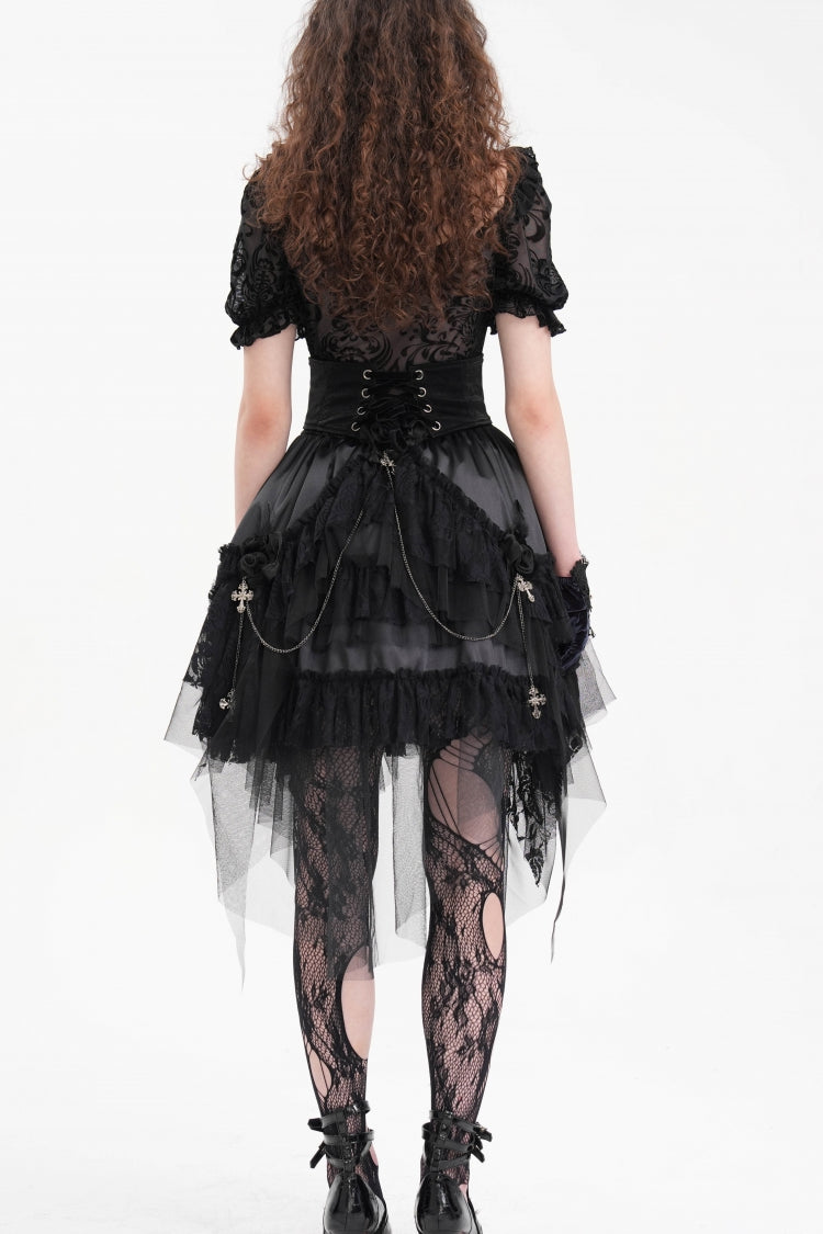 Women's Gothic Skirt with Chain Ruffle, Lace and Irregular Hem Cross