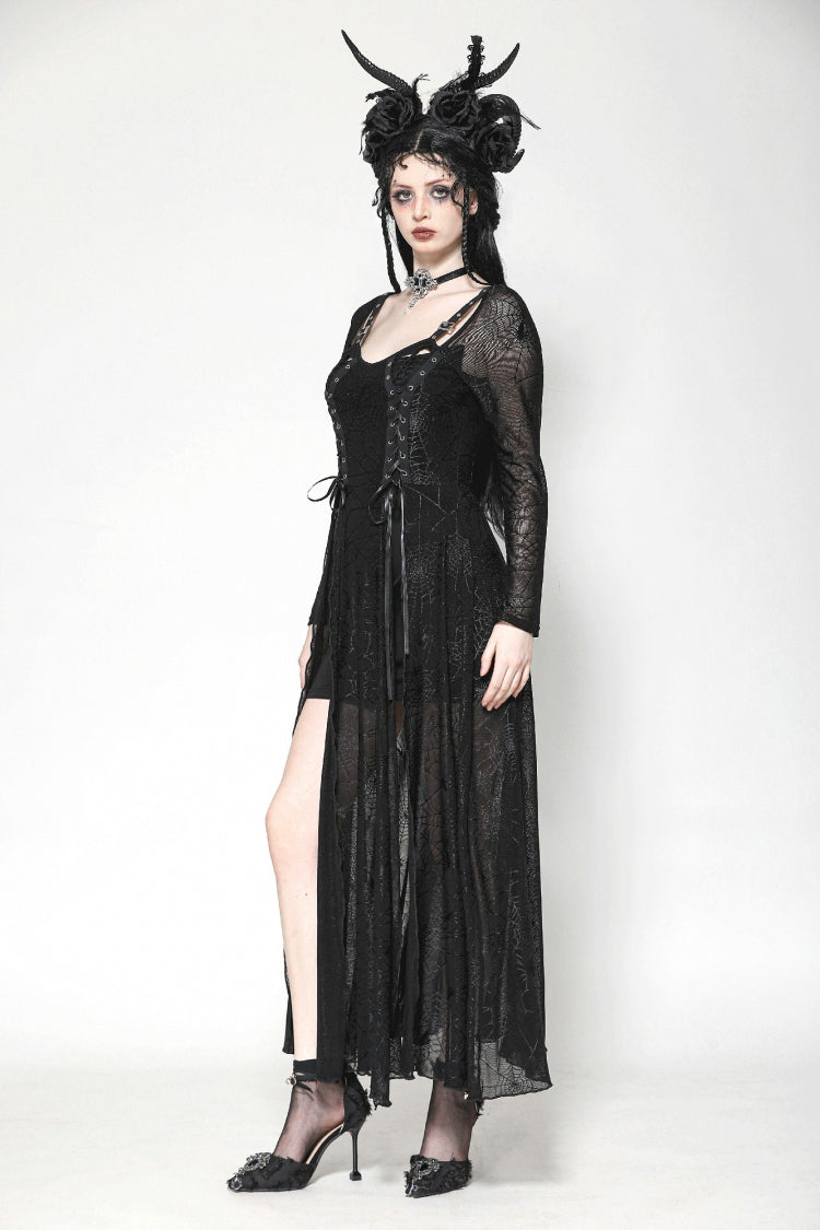 Elegant Witch Long Dress with Spiderweb Lace-Up and Extended Sleeves