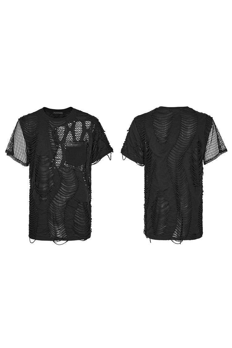Distressed Mesh-Stitch T-Shirt with Ripped Details