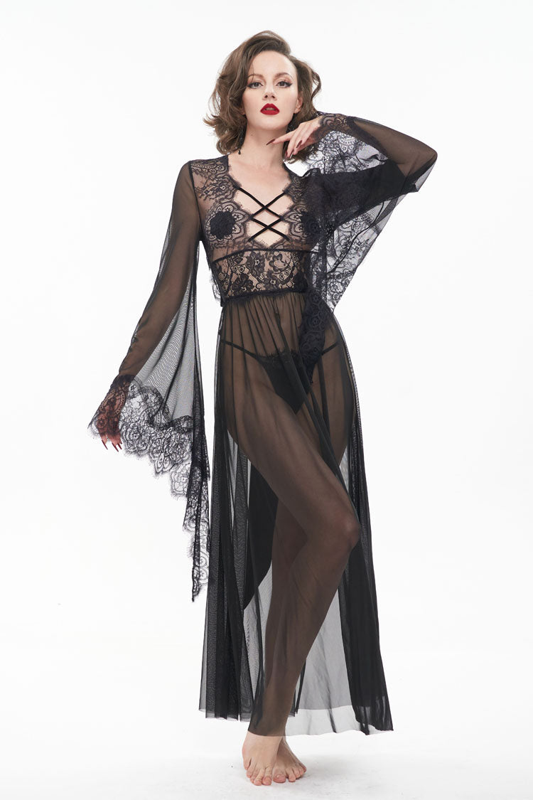 Sheer Backless Lace Bell-Sleeve Goth Gown