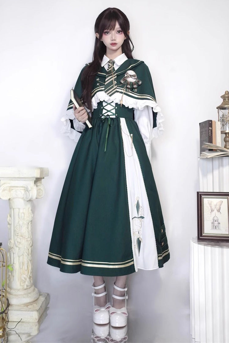 Emerald Time Traveler Print College Style Sweet Lolita Strap Gown 4 Piece Set