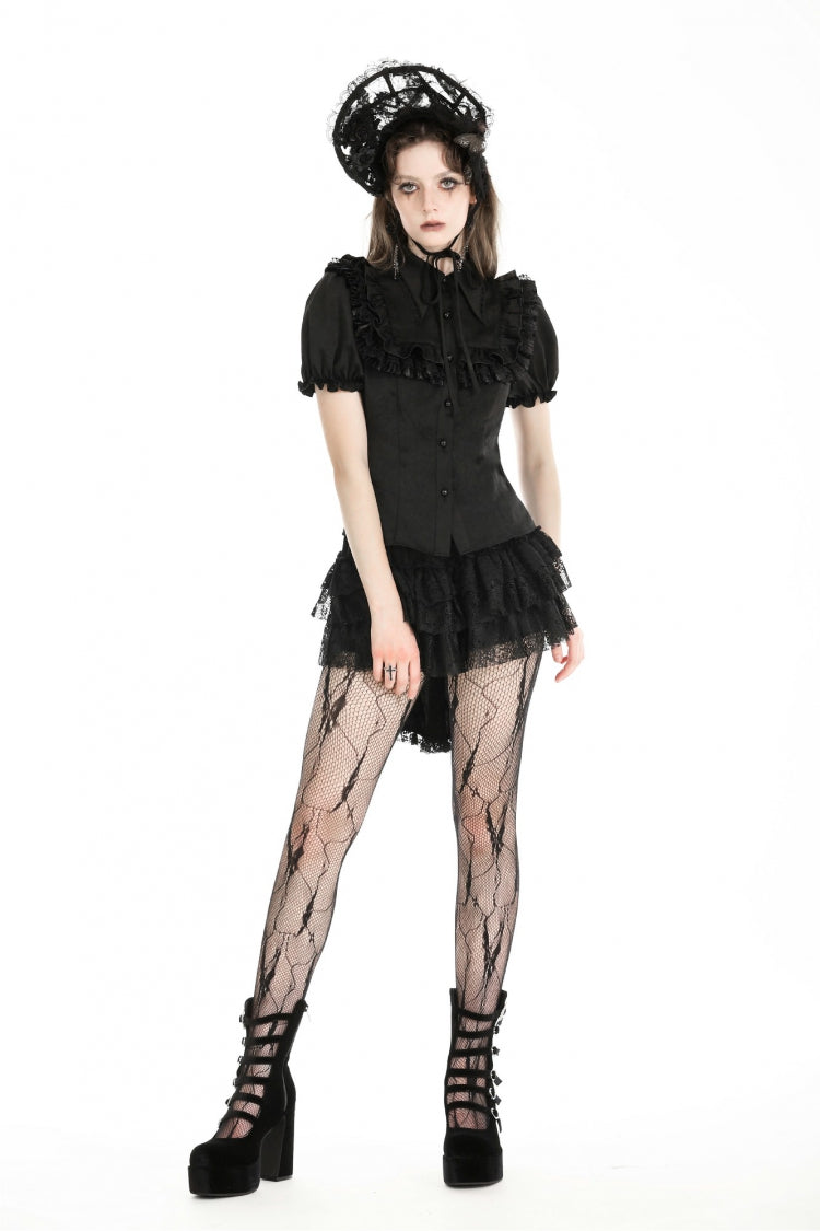 Ruffled Gothic Blouse with Puff Sleeves and Collar - Gothic Edge
