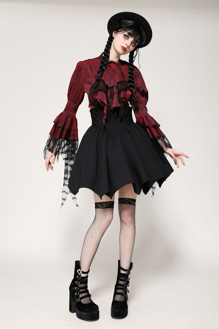 Crimson Gothic Blouse with Frilly Lace and Long Hime Sleeves
