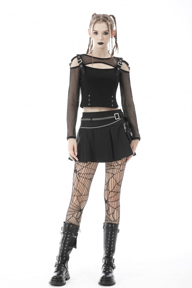 Jet-Black Chain-Trimmed Pleated Mini Skirt with Waistbelt