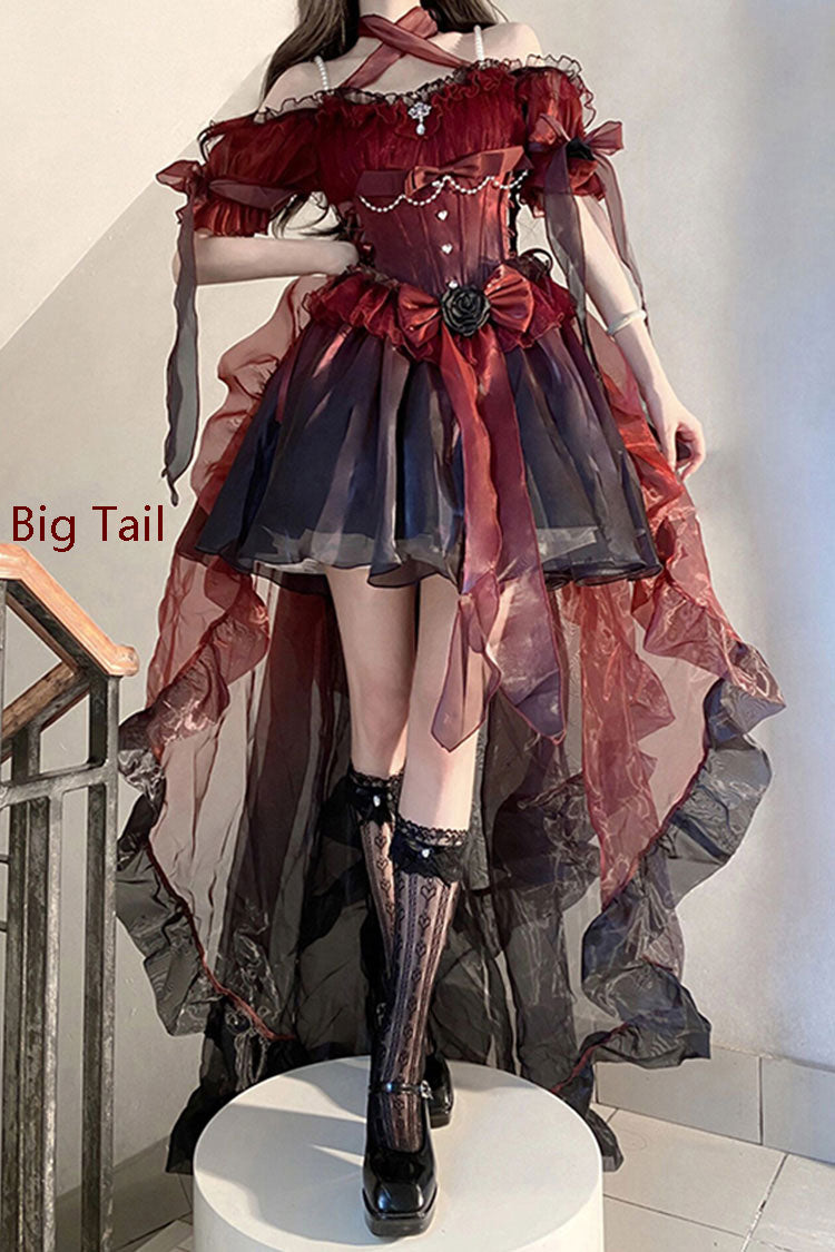 Burgundy Midsummer Dream Short Sleeve Ruffle Hanayome Off-Shoulder Gothic Mini Lolita Dress