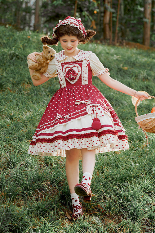 Crimson Dot Print Layered JSK with Ruffled Trim