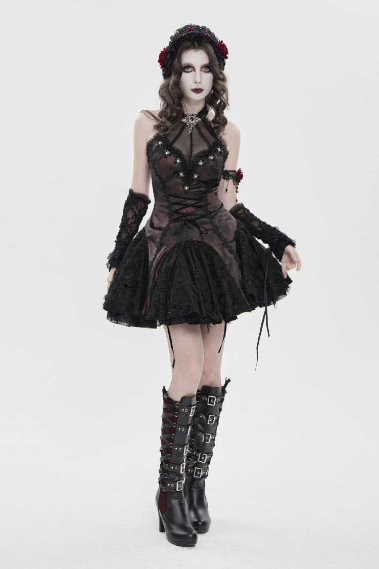 Crimson & Noir Off-Shoulder Strapless Lace-Up Pleated Gothic Gown with Embroidered Trim