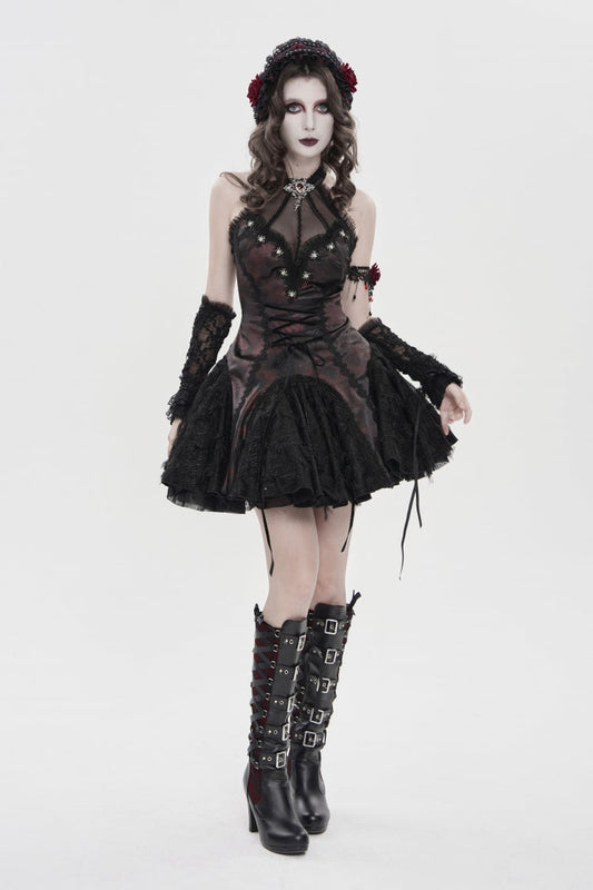 Crimson & Noir Off-Shoulder Strapless Lace-Up Pleated Gothic Gown with Embroidered Trim