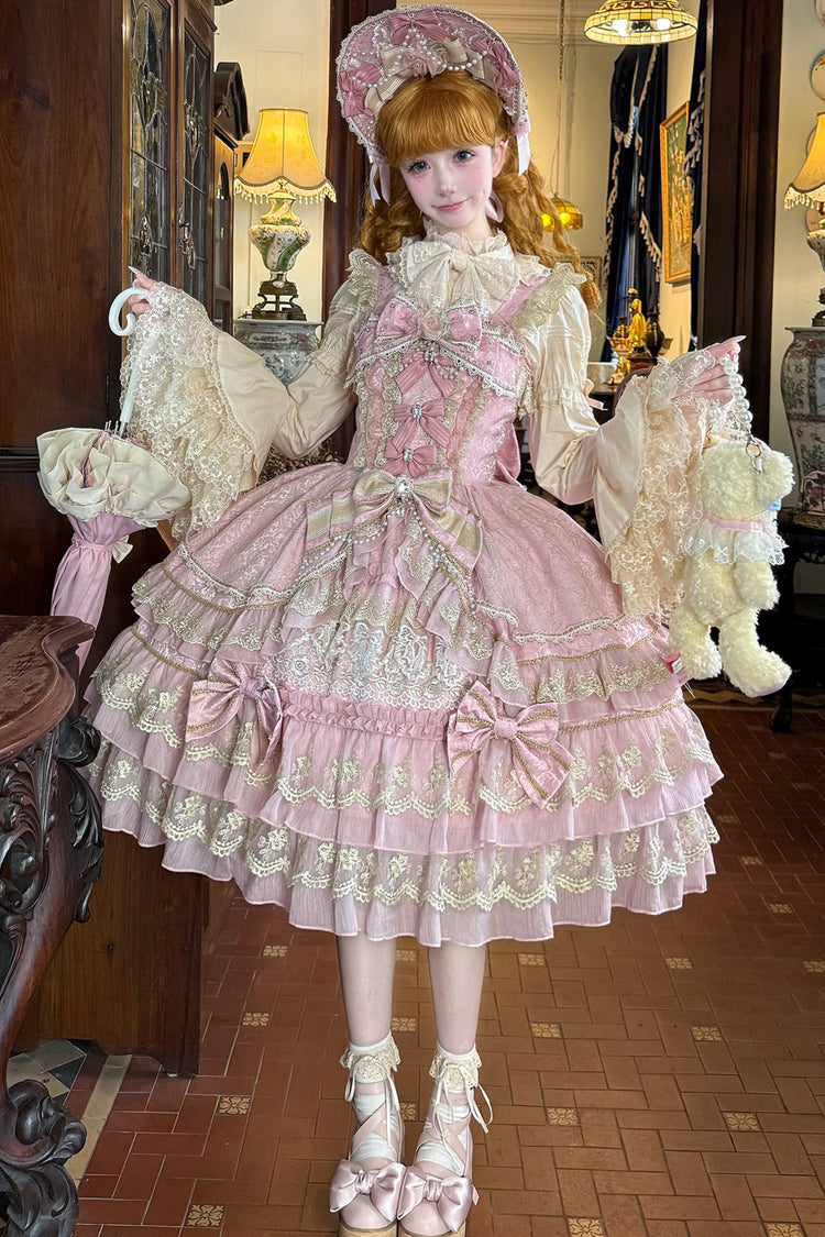 Pink Gem Crown Triple Ruffle Bow Lace Elegant Lolita JSK