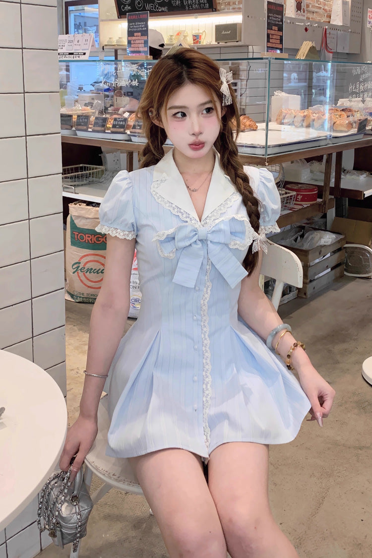 Striped Print Ruffle Bowknot Sweet Jirai Kei Dress with V Collar and Short Puff Sleeves