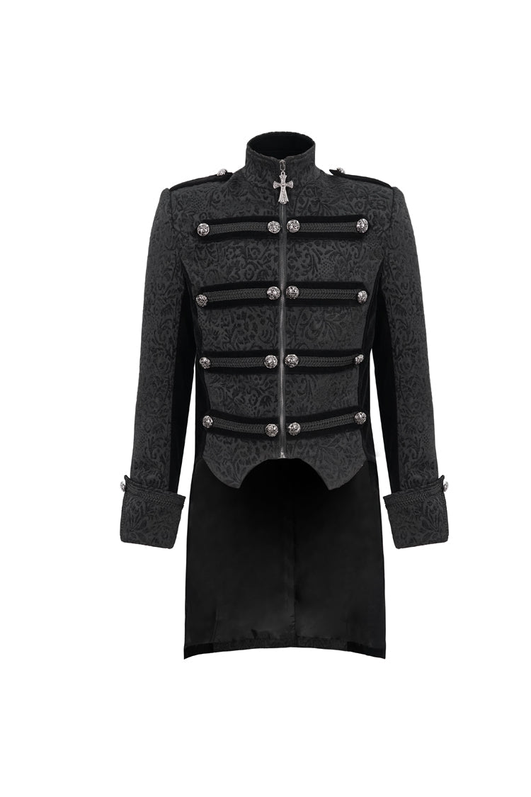 Vintage Cross-Print Stand-Collar Jacket with Back Slit