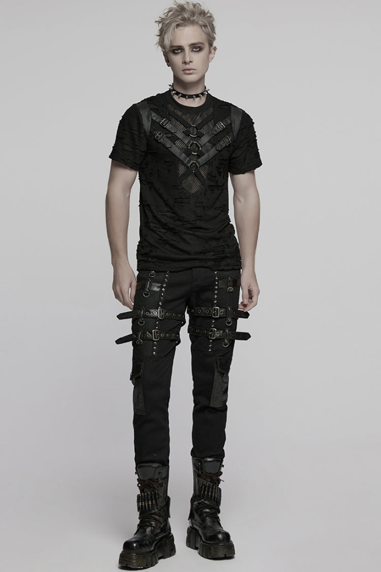 Ripped Strap T-Shirt with Mesh Stitching for Men