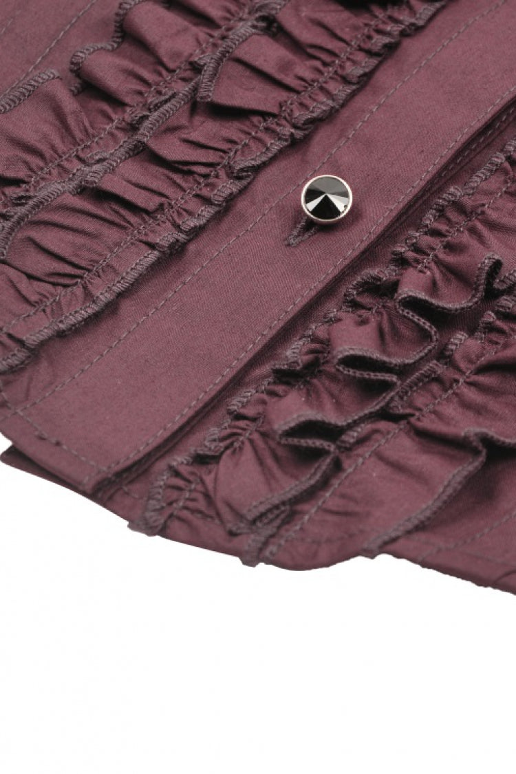 Burgundy Turn-Down Collar Ruffled Long Sleeve Gothic Women's Blouse