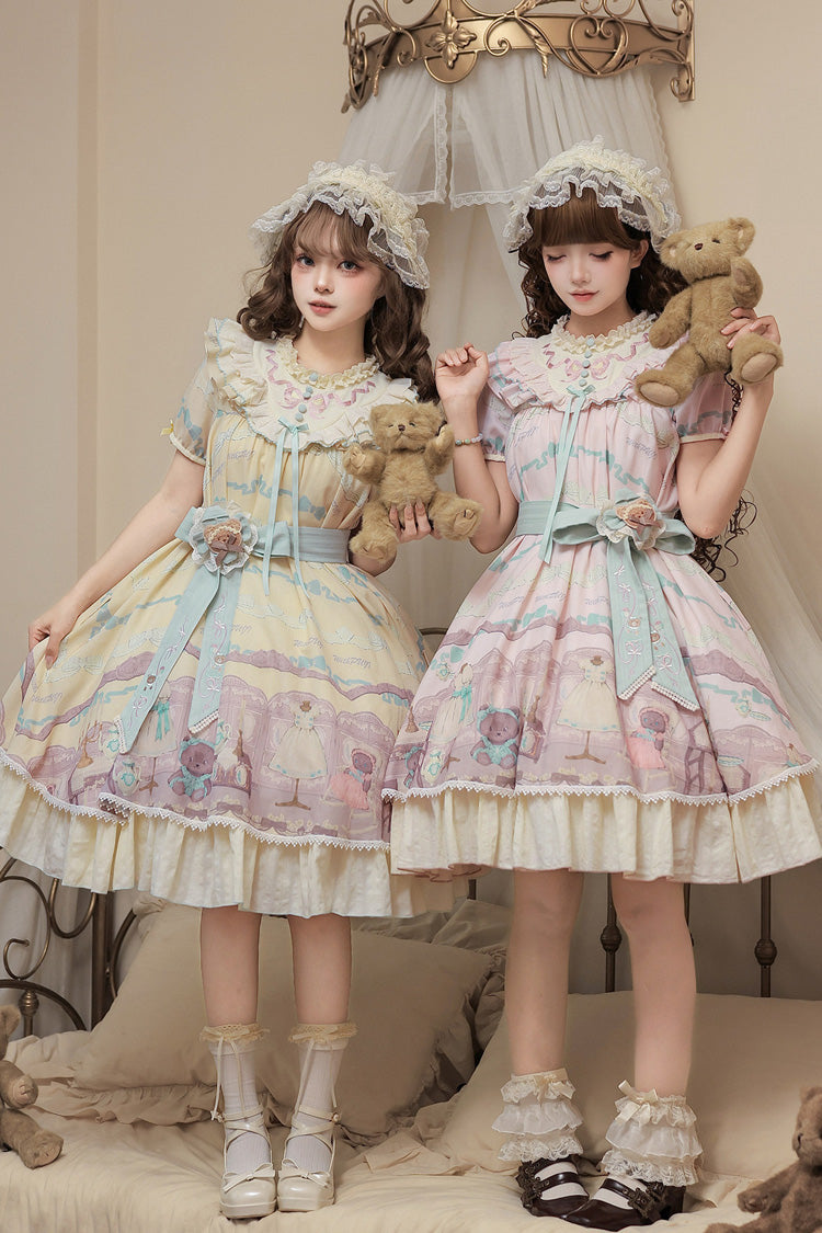 Rose Bear Print Bow Sweet Lolita Dress Set with Ruffled Short Sleeves
