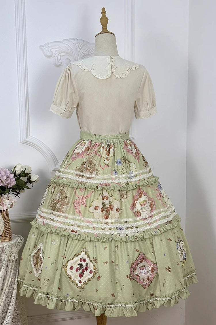 Emerald Cat Rose Tea Printed Ruffle Sweet Gorgeous Lolita Skirt