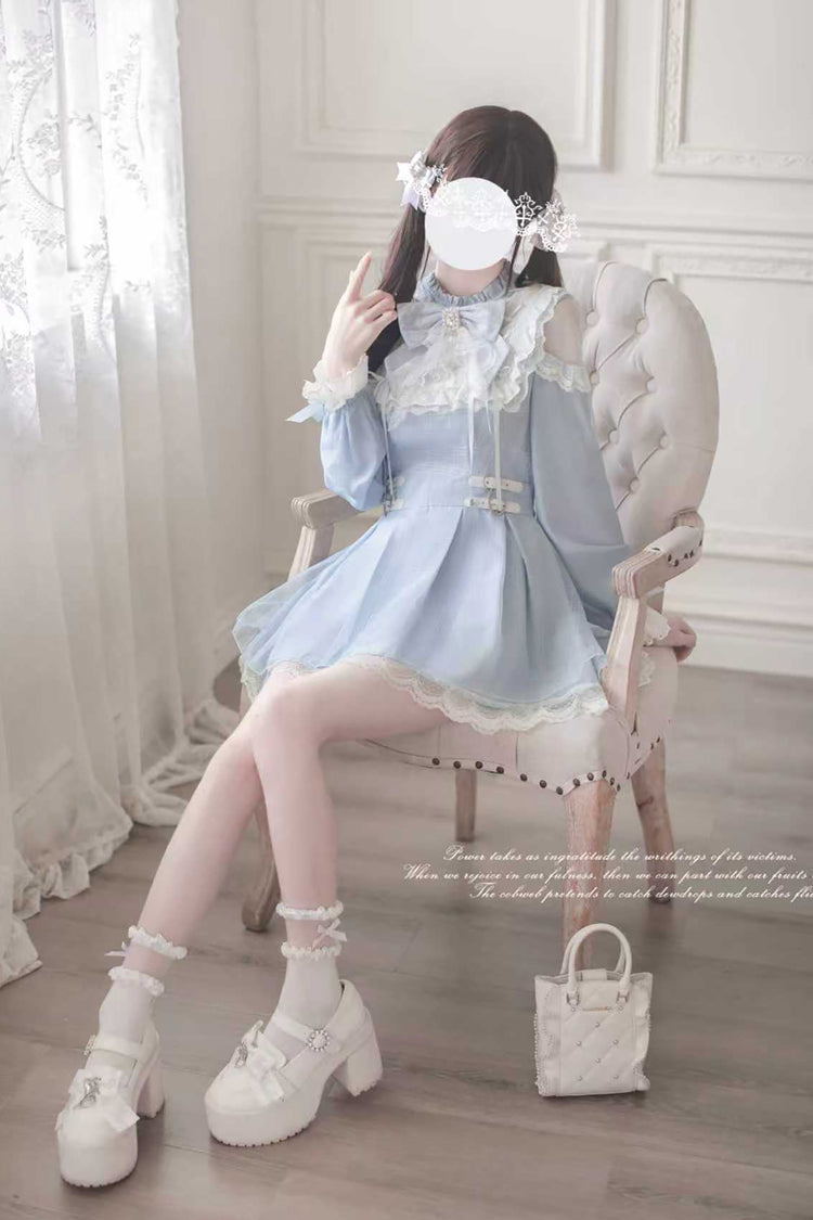 Angel Heartbeat Bowknot Lace Sweet Jirai Kei Japanese Dress with Long Sleeves