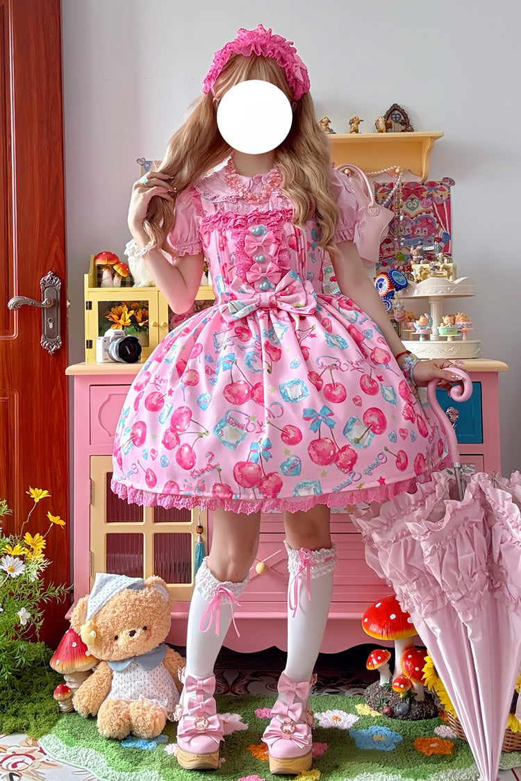 Cherry Sweet Ice Print Ruffle Bow Lace Lolita JSK