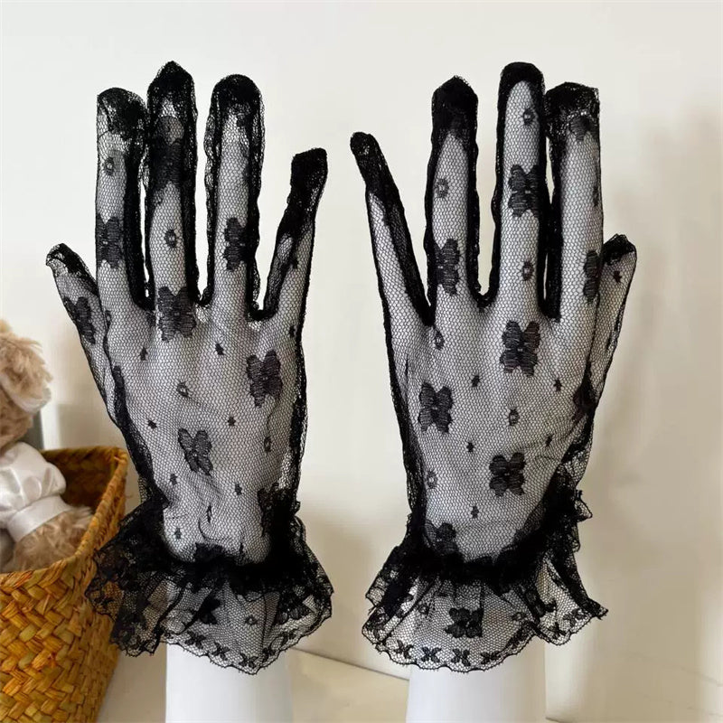 Lace Mesh Gloves with Butterfly Embroidery