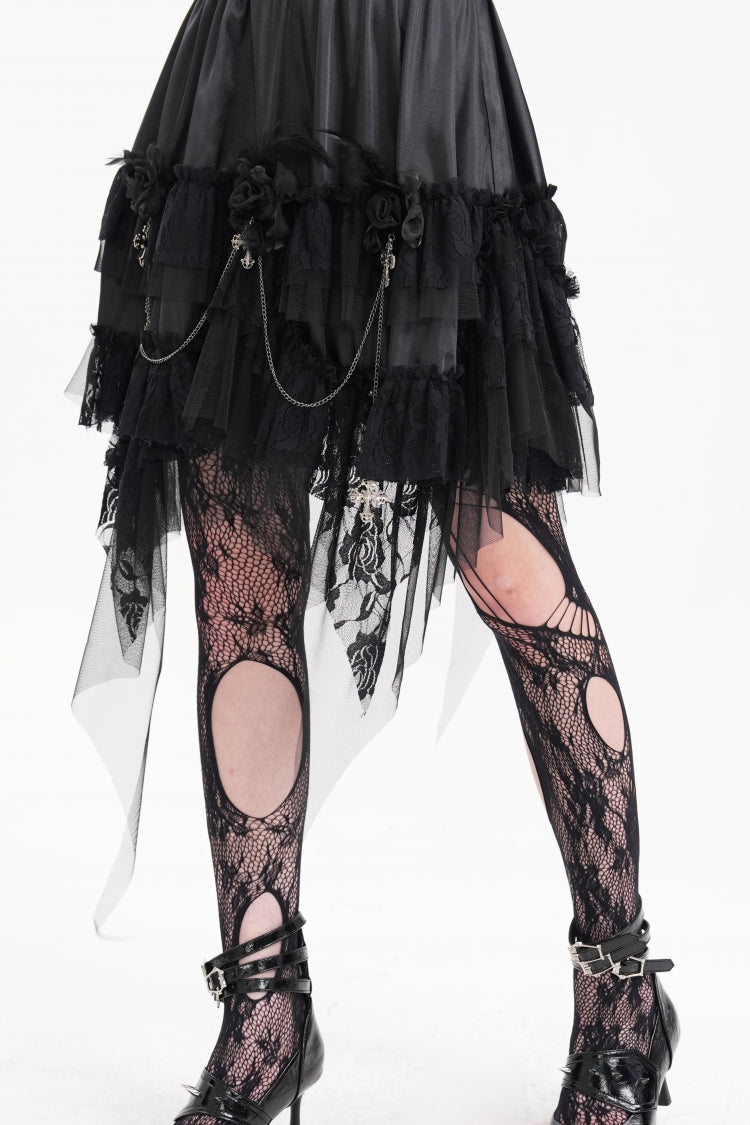 Women's Gothic Skirt with Chain Ruffle, Lace and Irregular Hem Cross
