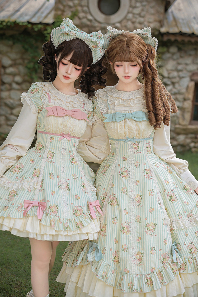 Emerald An Encounter with Austin Square Collar Short Sleeve Multi Rose Printed Ruffled Bow Lace Sweet Lolita Gown