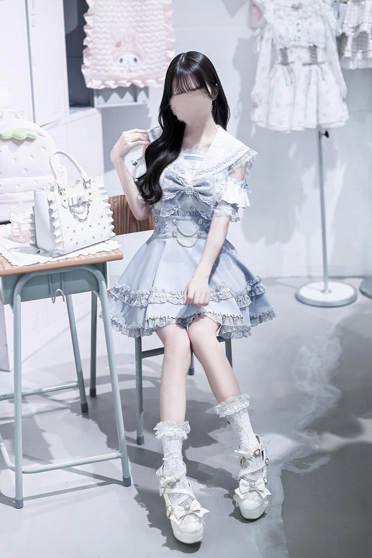 Apprentice Witch Off Shoulder Navy Collar Short Sleeves Ruffled Bow Lace Pearl Detail Classic Jirai Kei Japanese Skirt Set